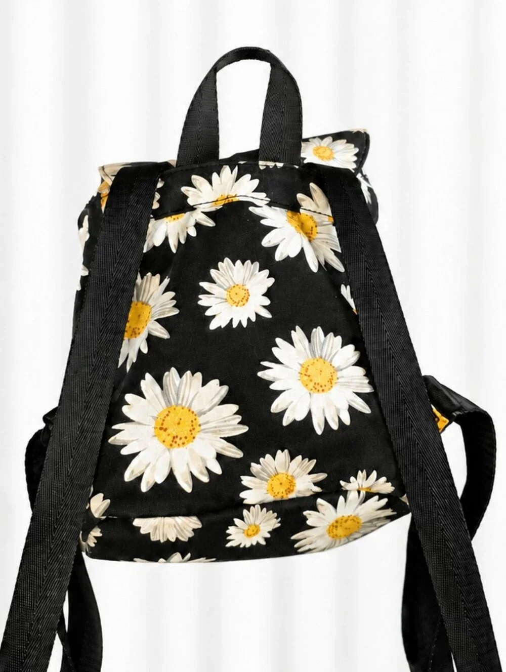 👜 Black Daisy Floral Backpack White Yellow Flower Drawstring Casual Bag